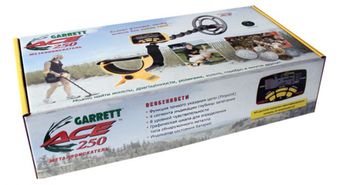 Фирменная цветная коробка (упаковка) металлоискателя Garrett ACE 250 RUS